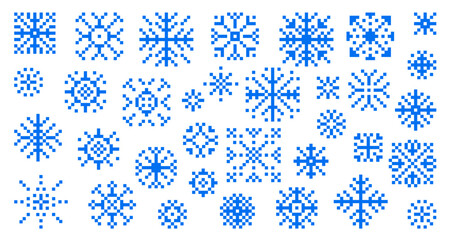 Big collection of snowflakes, snow icon in pixel art. Set of retro. Pixel snowflakes with tracery. Decoration ice floes with geometric patterns. Symbol of Christmas holiday and 8bit vector game.
