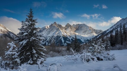 Fototapeta premium Towering pine trees and snowy landscapes, under a clear blue sky in a serene winter wilderness.