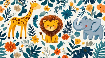 Obraz premium Playful jungle animals like monkeys, sloths, and crocodiles in a vibrant floral setting. Fun and cheerful vector illustration