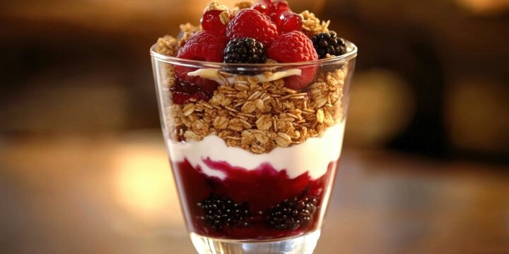 Close-up of a fruit parfait layered with yogurt, granola, and fresh berries, served in a clear glass,