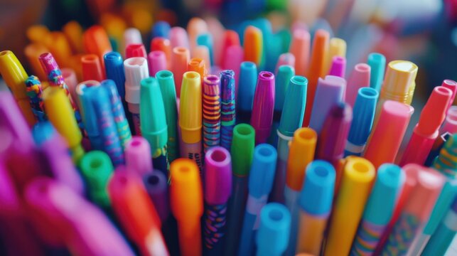 close-up shot filled with colorful highlighters, tightly packed, vibrant office supplies, frame entirely covered, playful and organized feel