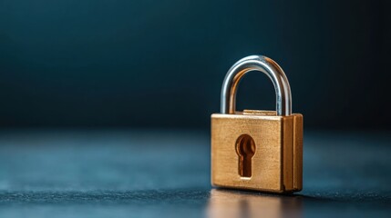 Naklejka premium Close-Up of a Vintage Brass Padlock on a Dark Surface with Soft Light Highlights, Symbolizing Security, Protection, and Privacy in a Minimalist Style