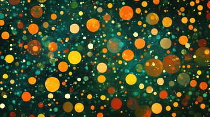 colorful glowing dots on dark green background, vibrant orange and yellow lights, random pattern, digital art, magical vibe, soft glow