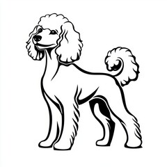 Elegant black and white illustration of a poodle with intricate details showcasing the breed's distinctive fur and graceful stance.