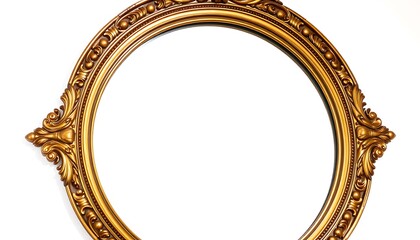 On a white background a classic, ornate, round mirror with a gold frame.	