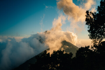 Volcano Fuego erupting at night from view of Volcano Acatenango, Guatemala.