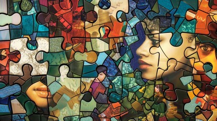 Fototapeta premium A mosaic of diverse puzzle pieces, intricately fitted together to form the mosaic of Diversity Equity INCLUSION Each piece