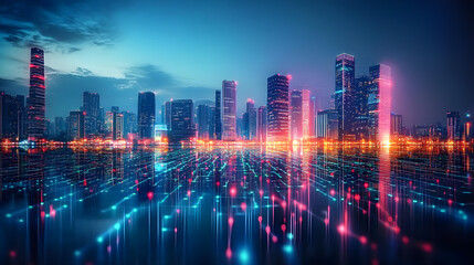 A city skyline with digital data streams representing internet connectivity and smart city technology.