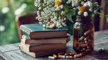 Books, flowers, and herbal supplements symbolize the blend of knowledge and nature in holistic healing.