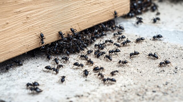 Ants swarming near wood, symbolizing infestation and need for pest control.