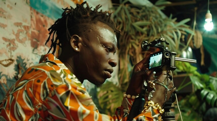 Fototapeta premium Side view portrait of a satisfied man with black skin checking photos on mirrorless camera