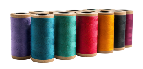 Set of colorful sewing thread spools for crafting, isolated on transparent cutout background