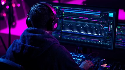 A person wearing headphones works on a computer, analyzing vibrant audio data against a backdrop of purple lighting.