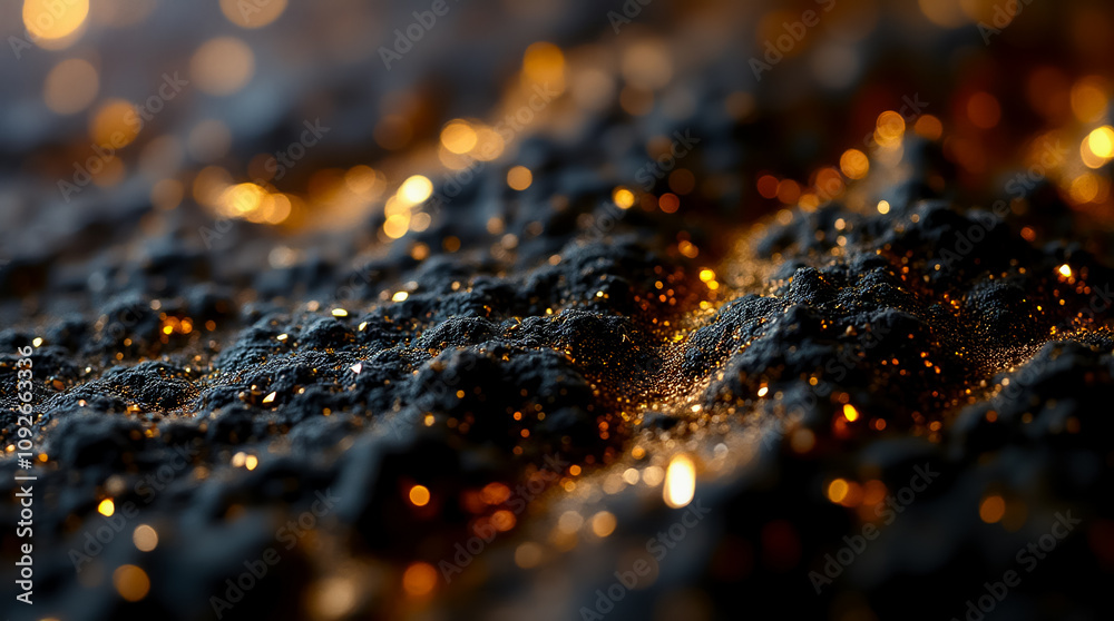 Poster close-up view of a textured surface made of small triangular and polygonal gold facets, creating a s