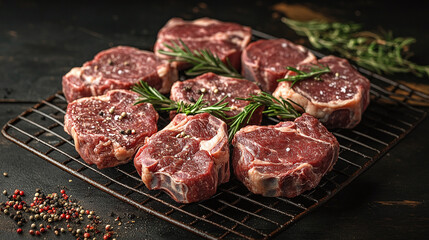 Fototapeta premium Raw lamb chops seasoned with salt, pepper, and garnished with fresh rosemary, arranged on a metal rack over a dark rustic background, ready for cooking.