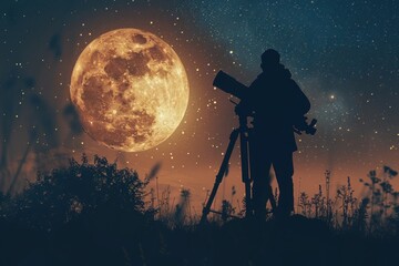 Fototapeta premium An astronomer with a portable telescope on a hill observes the starry sky