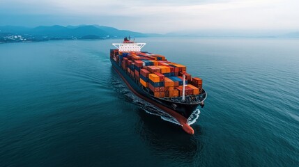 Fototapeta premium Cargo ship navigating through calm waters, transporting colorful containers along a serene coastline with mountains in the background under a clear sky.