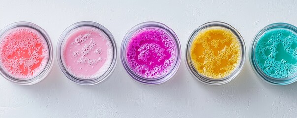 Naklejka premium A vibrant display of colorful scrubs in glass jars, showcasing pink, purple, yellow, and blue hues, perfect for skincare enthusiasts.