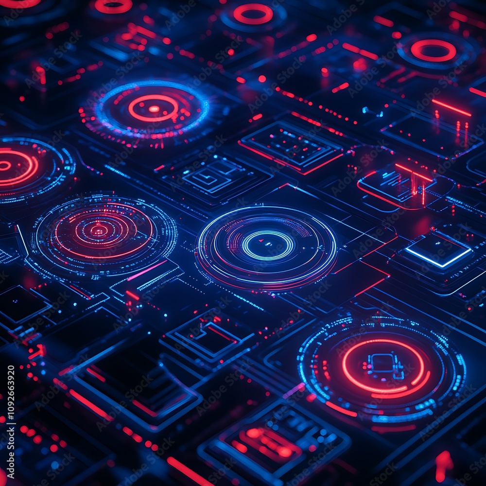Poster futuristic abstract digital interface with geometric shapes and neon circles representing technology