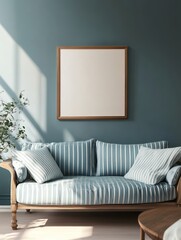 Elegant Living Room With Striped Sofa And Blank Frame