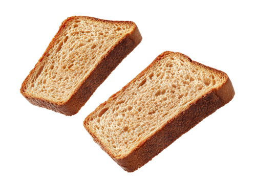 Two slices of toasted bread floating in air, isolated on transparent cutout background