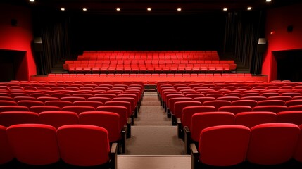 Fototapeta premium A cozy, red-themed theater interior with rows of empty seats facing a dark stage, ideal for performances and cinematic experiences.