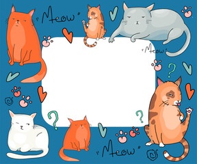 A colored background or frame with cute cats from a set of vector cartoon characters in different poses. Wallpaper, paper, packaging, interior design and fashion accessories