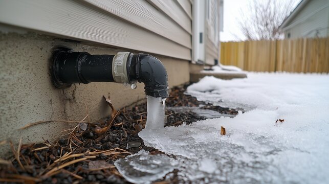 Frozen pipe with water leakage outside a house, highlighting winter plumbing issues.