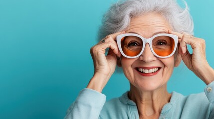 Cheerful Senior Woman with Stylish Sunglasses Posing Against a Bright Blue Background, Radiating Joy and Confidence in Modern Fashion