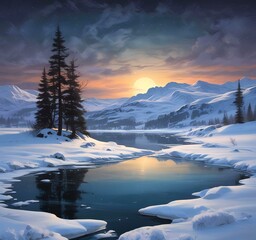 Illustration of winter landscape with frozen lake and starry sky.