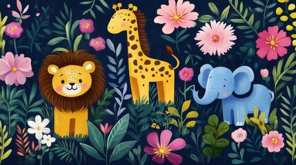 Obraz premium Playful jungle animals like monkeys, sloths, and crocodiles in a vibrant floral setting. Fun and cheerful vector illustration