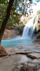 A beautiful waterfall in the desert, surrounded by trees and greenery, turquoise water flowing over rocks into crystal-clear pools