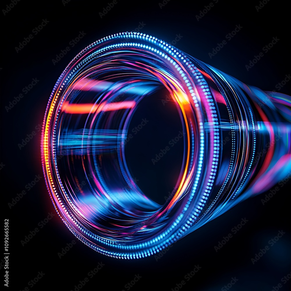 Poster futuristic abstract visualization of a high-tech lens with colorful light trails creating a dynamic 