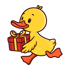 running duck with a gift box cute illustration