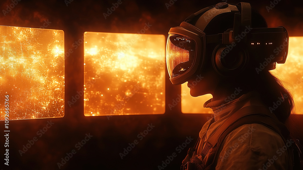 Poster Astronaut observes distant stars from a spacecraft with glowing orange nebula in the background during a cosmic journey. Generative AI