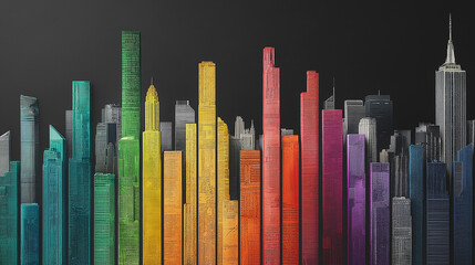 Fototapeta premium Vibrant multicolored skyscrapers on a dark background representing virtual urban environments and futuristic cityscapes in the digital age.