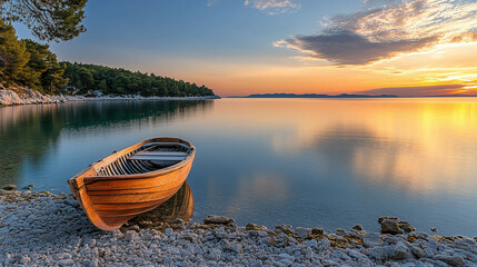 Wooden boat gently floating on calm water during a golden sunset in Dalmatia, Croatia, creating a tranquil and picturesque coastal scene.