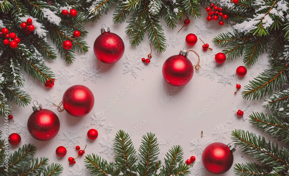Aufkleber Beautiful Christmas tree with a white background and red and green decorations. The tree is adorned with five red ornaments, which are placed in a circular pattern around the tree