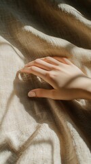 Caucasian hand on textured fabric casting soft shadows in sunlight