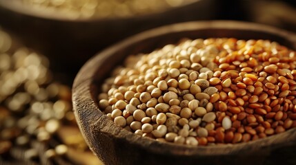 Obraz premium Wooden bowls filled with quinoa and lentils, symbolizing plant-based protein sources.