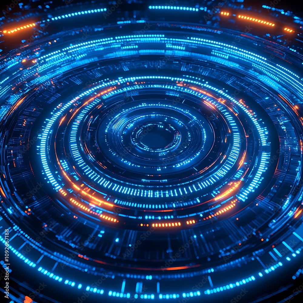 Poster futuristic digital abstract background with bright blue and orange circular patterns representing da
