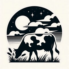 Silhouette of a cow grazing in a moonlit field at night.