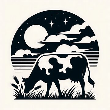 Silhouette of a cow grazing in a moonlit field at night.