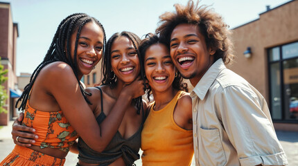 Obraz premium Diverse group of young African American and multiracial friends laughing together outdoors in summer, expressing genuine joy and friendship in casual urban setting