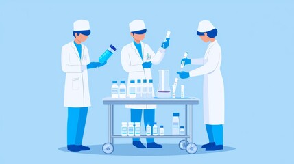 Three scientists in lab coats conduct experiments with various bottles and equipment on a mobile cart against a light blue background.
