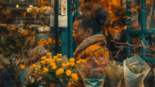 Big day is coming. Beautiful happy young African woman laughing joyfully while choosing flowers