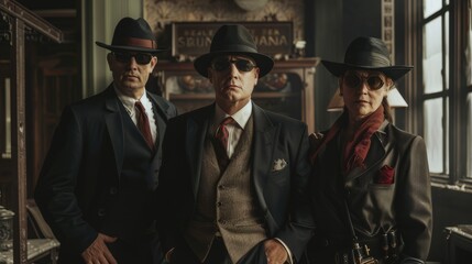 Obraz premium Three people in vintage attire pose with serious expression