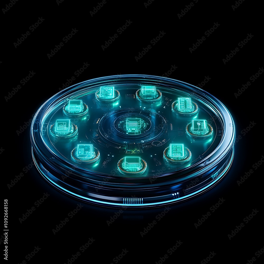 Poster futuristic digital interface circular dashboard with glowing icons and transparent display for high-