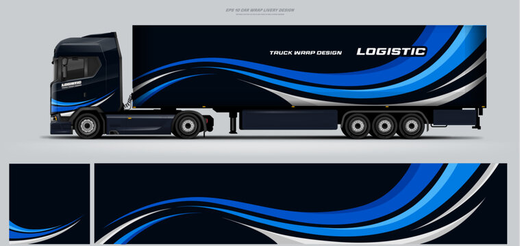 Vector truck trailer livery design template. Truck Cargo delivering vehicle paintjob. Mock up and design on separate layers vector files.