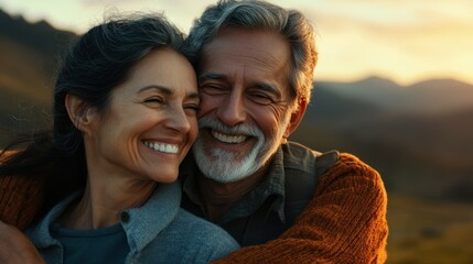 Fototapeta premium Couple enjoying a warm sunset embrace in a serene outdoor setting with natural beauty and happiness
